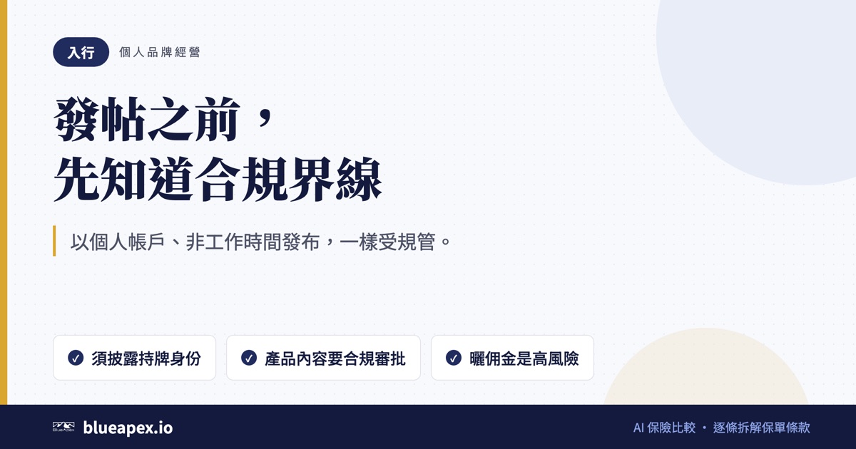 標題卡:發帖之前,先知道合規界線。重點:須披露持牌身份、產品內容要合規審批、曬佣金是高風險